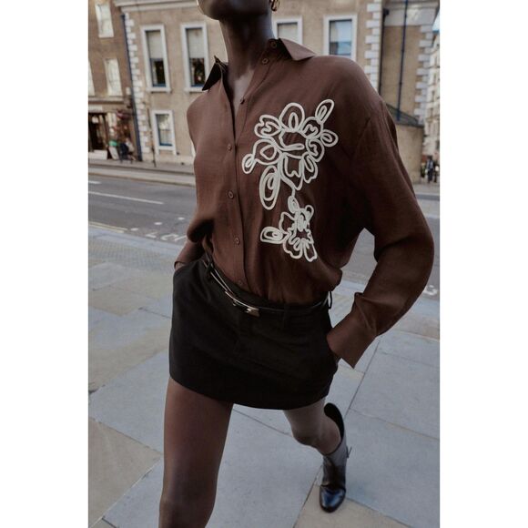 ZARA Textured Floral Button-Down Shirt Brown Rare Embroidered Detail Size M - Picture 1 of 4